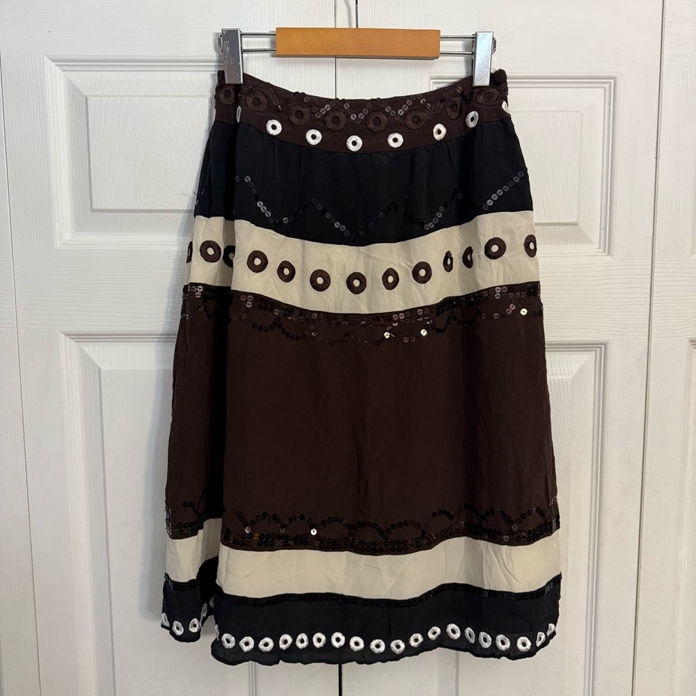 WD.NY 100% Silk Black and Brown Midi Skirt with Cream Accents & Sequins 6